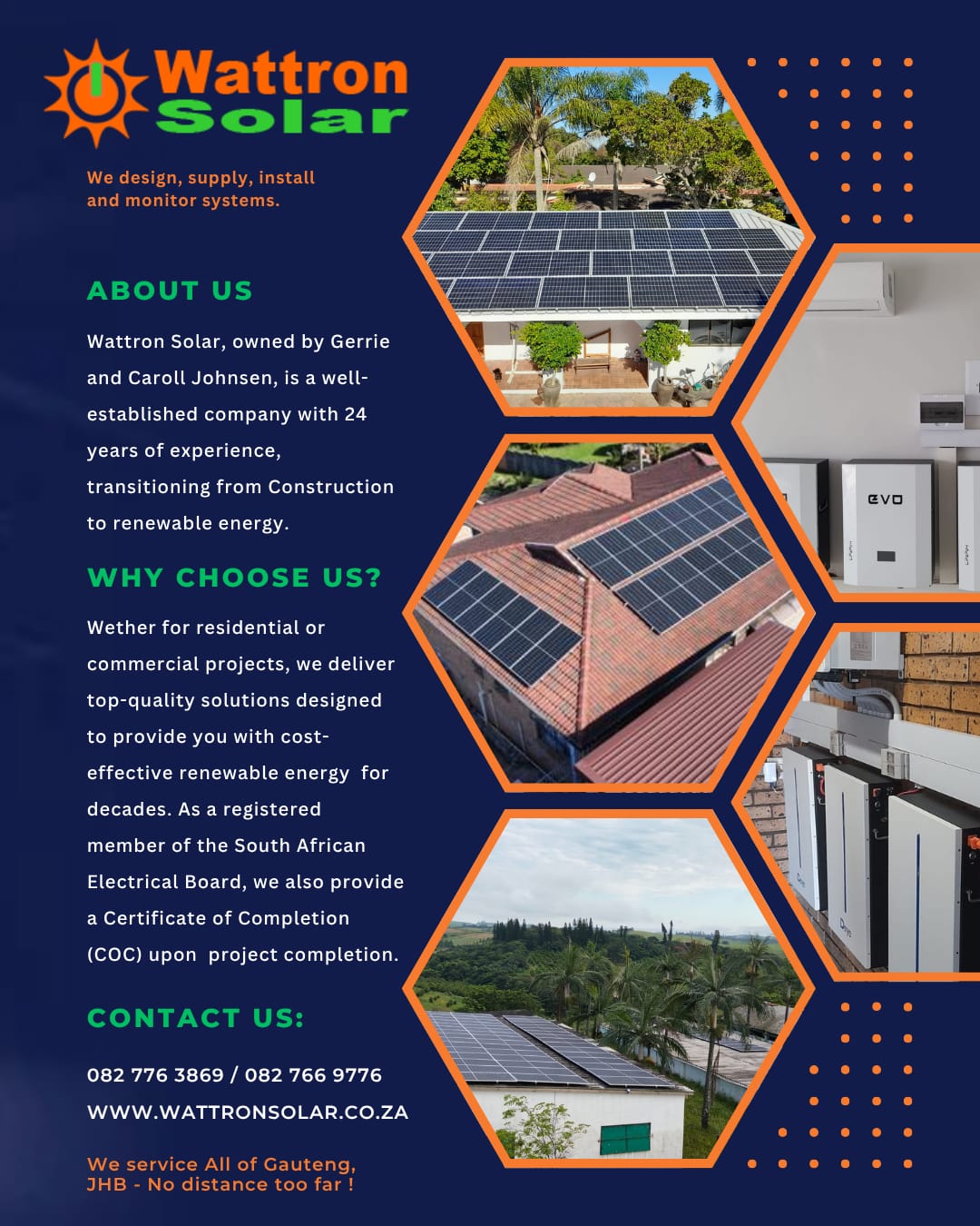Wattron Solar showcase — solar panel installations, battery systems and contact details