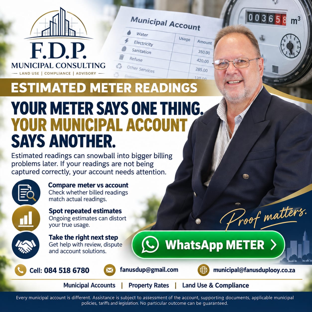 F.D.P. Municipal Consulting advert about estimated meter readings and municipal account discrepancies