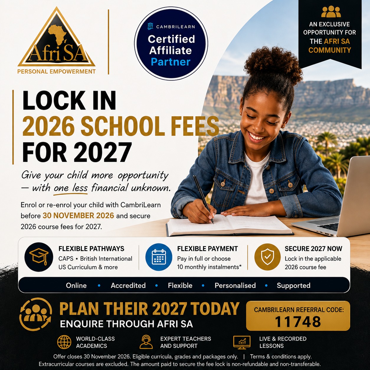 RoyceLearn CambriLearn certified affiliate partner poster — lock in 2026 school fees for 2027